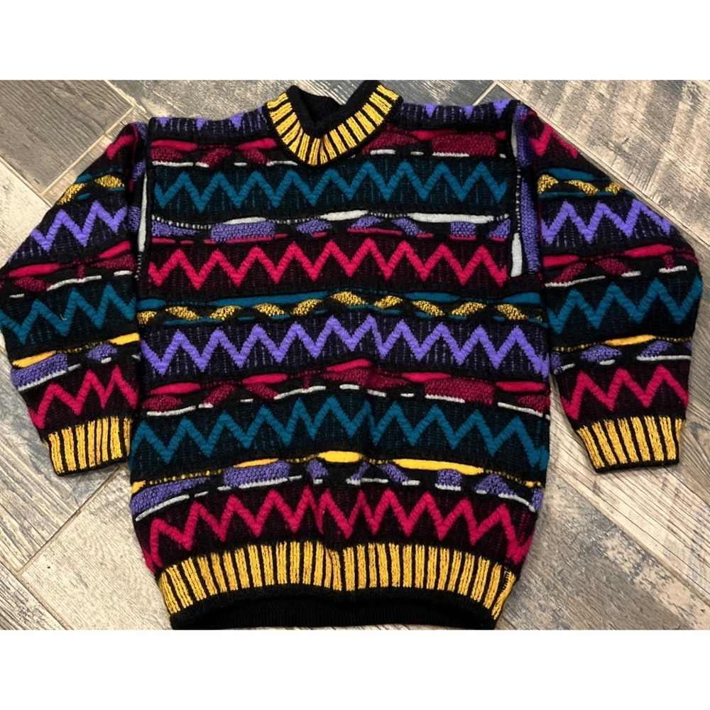 VTG 90s COOGI Multicolor 3D Knit Heavy Sweater Australia Zigzag Womens S/M